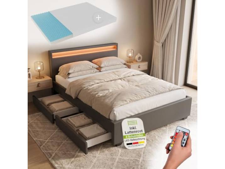 Juskys Polsterbett Lyon 140x200 cm mit Matratze, Bettkasten, LED Beleuchtung, Lattenrost & Kopfteil, grau, Bett Bettgestell Jugendbett Einzelbett