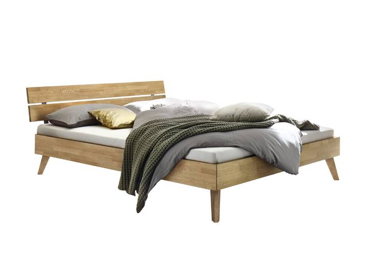 Bettgestell, Massivholz Eiche, Braun, 200×200 cm, Kopfteil aus Holz, Hasena
