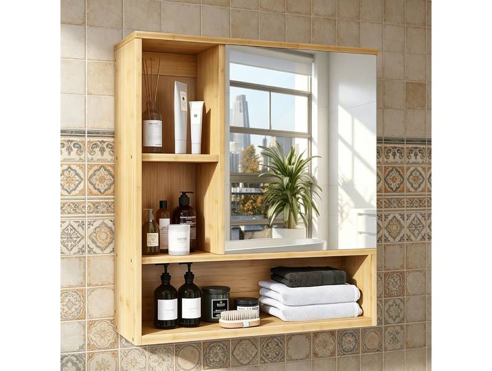 Armoire murale en bambou, armoire de rangement pour salle de bain, armoire murale pour entrée, armoire de cuisine avec miroir, étagère réglable