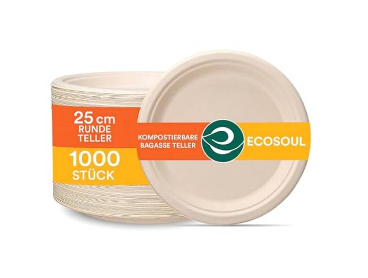 ECO SOUL Pappteller(25 cm) 10 Einwegteller, Natürlich(1000-Stück) Nachhaltige Alternative, 100% kompostierbar, Extra stabildeal für den täglichen Gebrauch, Premium Qualität, 1000er Pack