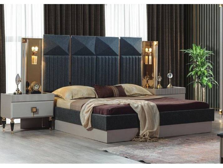 Xlmoebel Schlafzimmer-Set Moderne Graue Bett mit 2 Holz Nachttischen, 3-teilig, (3-tlg), Made in Europa