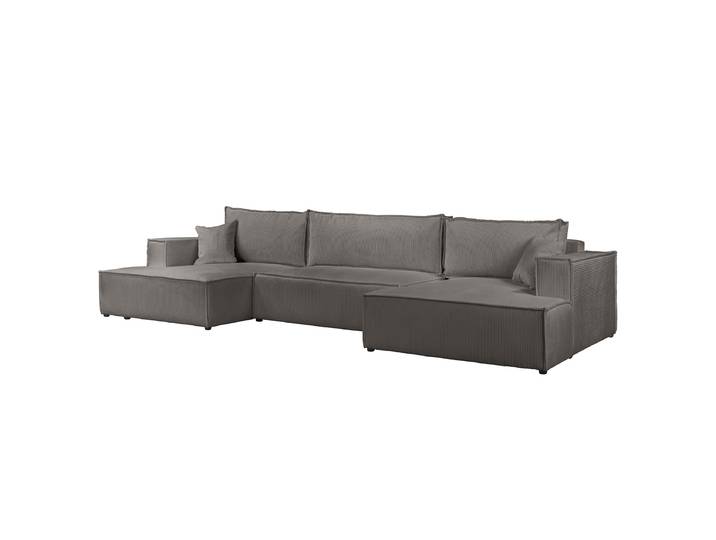 Wohnlandschaft mit Schlaffunktion Grau Cordstoff Poppy 398 x 70 x 148cm Gleichschenklig mit Schlaffunktion Modern