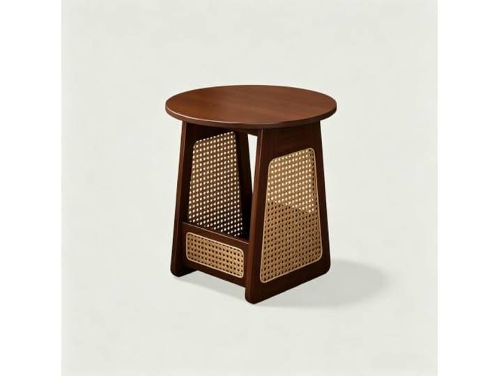 Runder Rattan Beistelltisch aus Bambus mit Schublade 50cm 2 Stile Boho Beistelltisch im Mid-Century Stil für Wohnzimmer(A)
