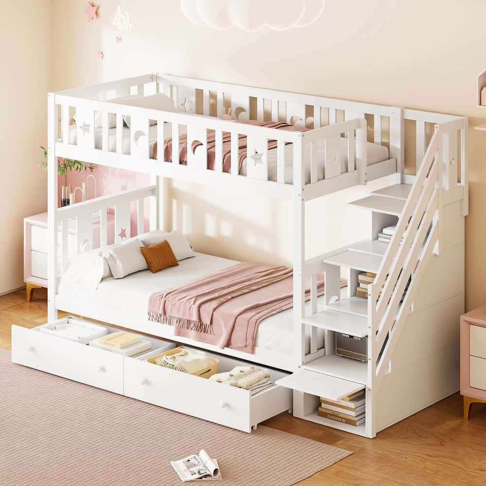 AIORBER Etagenbett, 90x200cm, mit Sicherheitstreppe, Stauraumfächern, 2 Schubladen & Lattenrost, aus Massivholz, platzsparend, Kinderbett, Weiß