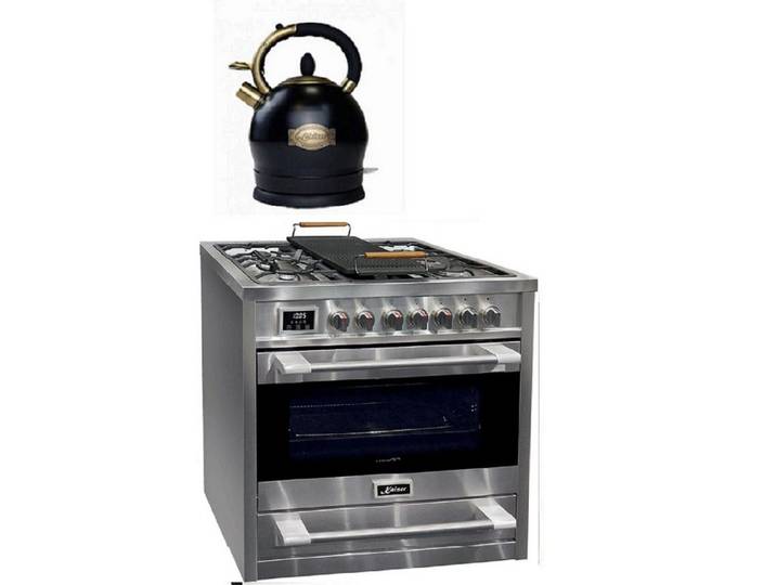 Kaiser Küchengeräte Gas-Standherd Gas Elektro Standherd 90 cm/ 8 Funktionen+ Retro Wasserkocher HGE93505R+WK 2000 Em, mit 1-fach-Teleskopauszug, Gas Elektro Standherd 90 cm/ 8 Funktionen+ Retro Wasserkocher