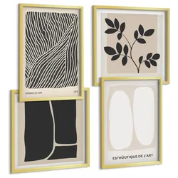 BILDER SET 4er Set - 50x50 cm & 40x60 cm Goldrahmen - Minimalistische Pflanzenmuster