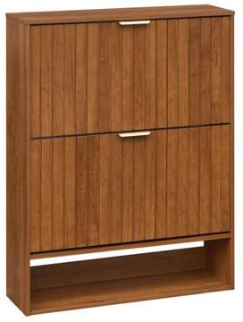 Costway Fluted Hidden Shoe Cabinet with 2 Flip Drawers and Open Storage-Walnut