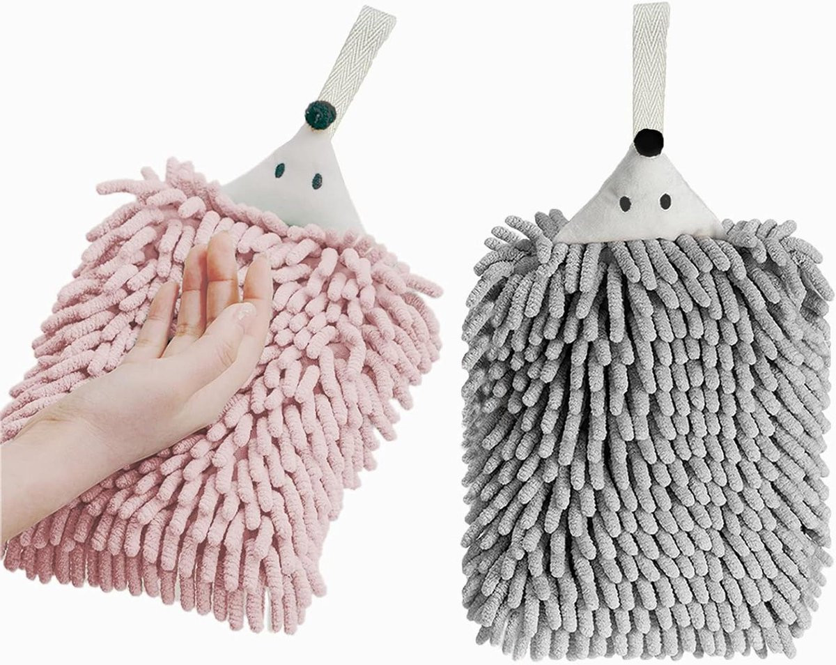 Set van 2 Chenille handdoeken voor keuken en badkamer, super absorberend en zacht, roze en grijs