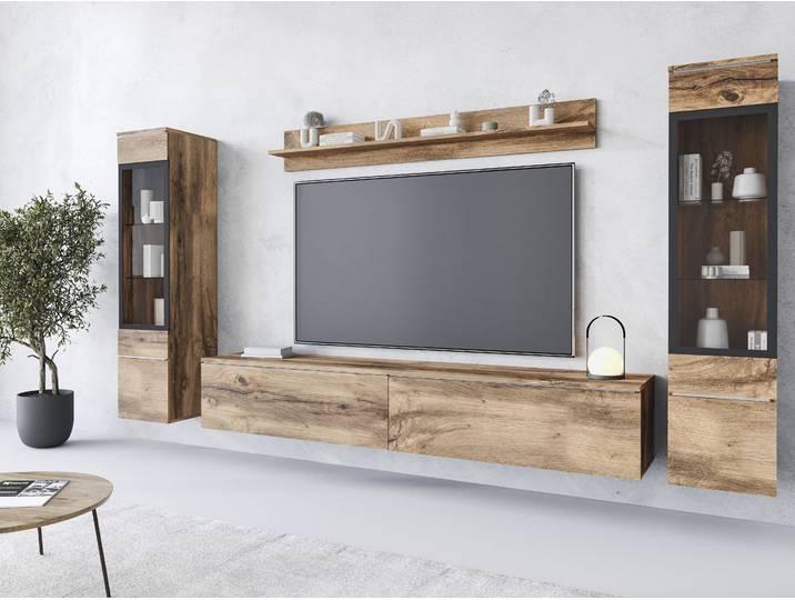 Wohnwand HOME AFFAIRE VERA II , braun (votaneichefarben), B:260cm H:130cm T:33cm, Kastenmöbel-Sets, Wohnwand, Mediawand 260 cm, Vitrine mit Verglasung, stehend und hängend