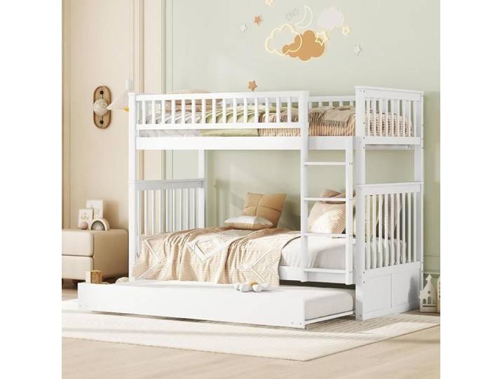 Lit Superpose 90x200 cm Lits d'enfant Lits triples avec lit gigogne Blanc