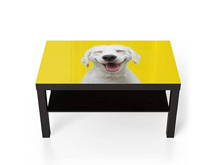 DEQORI Glastisch schwarz groß 90x50 cm Motiv Lachender Hund ausgefallener Beistelltisch aus Glas Hochglanz Couchtisch fürs Wohnzimmer moderner Couch Tisch mit Design
