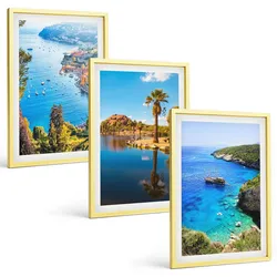 BILDER SET 3er Set - 40x60 cm Goldrahmen - Palmen am Meer, blaues Wasser