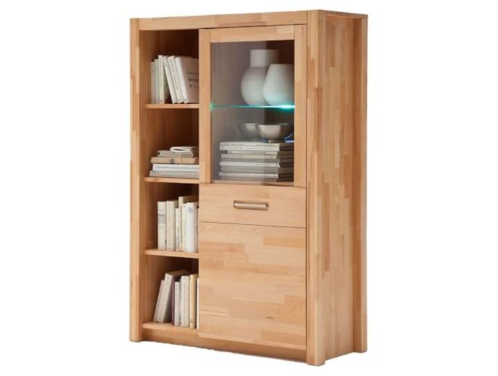 Lomadox Wohnzimmer Highboard Vitrinenschrank mit LED-Beleuchtung, Kernbuche massiv geölt keilgezinkt, Echtholz/Massivholz
