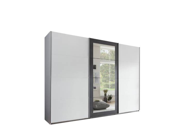 Schwebetürenschrank Kleiderschrank 270 cm 3-türig mit Zubehör in Weiß mit Grau / 22003