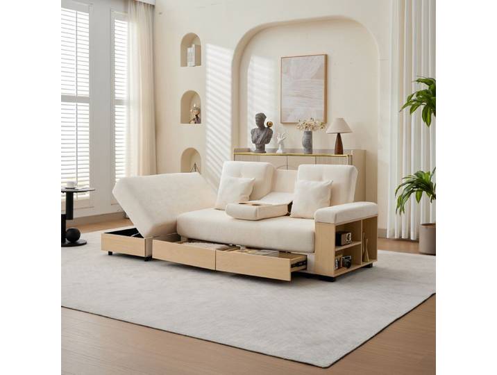Canape D Angle Convertible En Chenille Beige Sofa Avec Rangement FloraGrace Salon Dossier Reglable 3 Positions 217x110x90cm