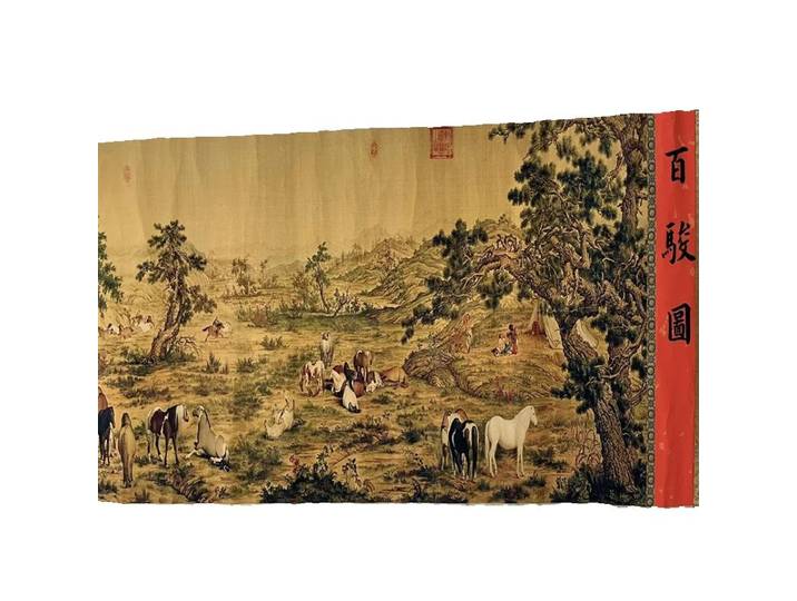 Chine Vieille peinture à défilement long, peinture aquarelle de Lang Shining de cent chevaux objets de collection