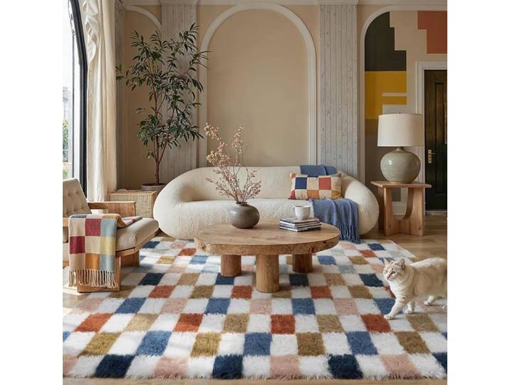 Tapis Salon Shaggy Damier Tapis 160X230Cm Multicolore Blanc Rug Chambre Adulte Fille Rugs Doux Moelleux Grand Carpet