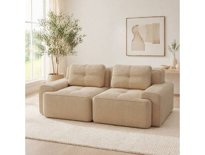 PENQUR Canapé droit modulable 2 places compressé assise profonde 74 cm velours côtelé beige
