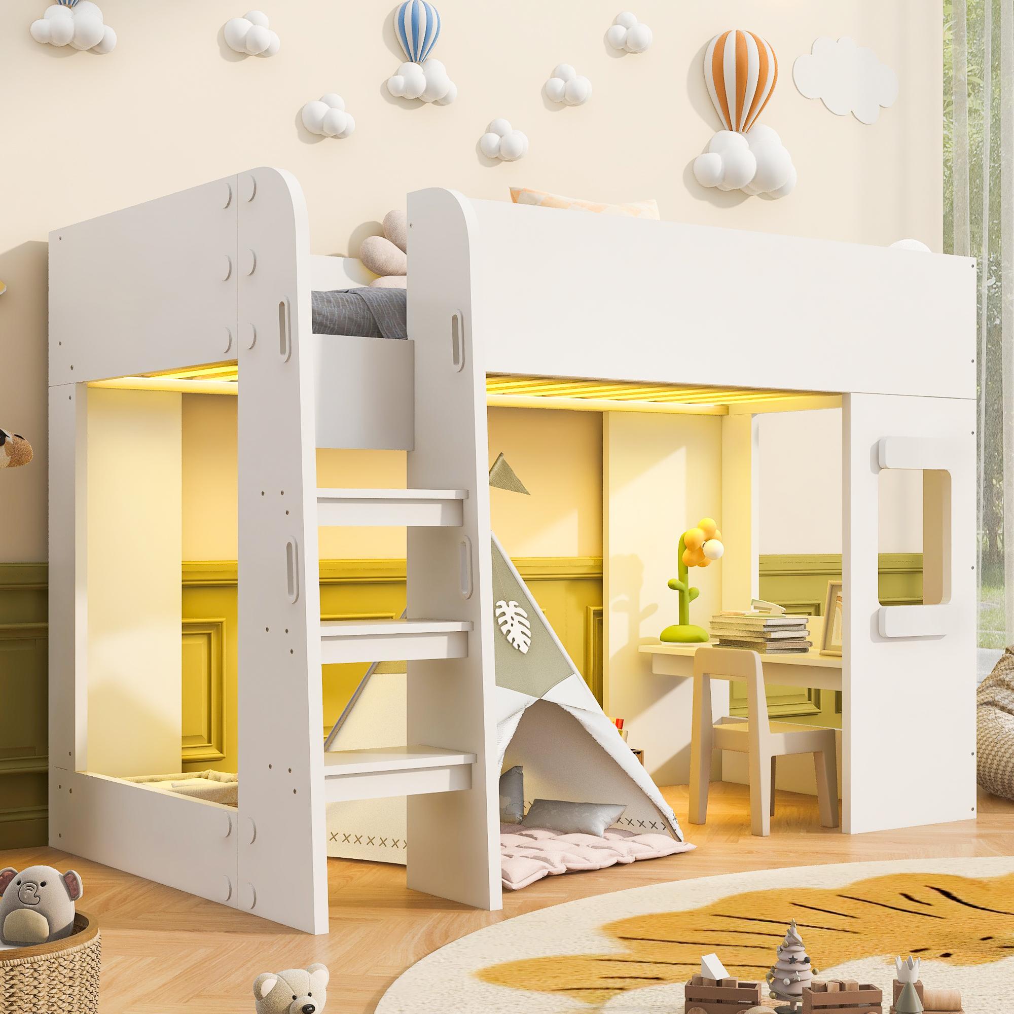 Flieks Etagenbett 90x200 cm mit Treppe, Doppelstockbett mit Schreibtisch, Hochbett mit LED-Lichtleiste und Schutzgitter, Weiß, Sperrholz + MDF
