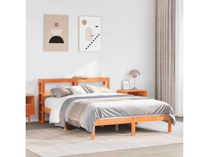 RJPLMFV Bettgestell, Kiefernholz, 135 x 190 cm, ohne Matratze Massives Kiefernholz, Kopfteil mit 2 Regalen, Lattenrost inklusive, braune Oberfläche