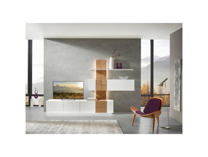 Ambiente Wohnwand Quadra, Weiß, Eichefarben, Holz, Asteiche, furniert, 2 Schublade(n) Schubladen, 305x190x52 cm, Holzmöbel, Wohnwände Holz, Wohnwände Holz