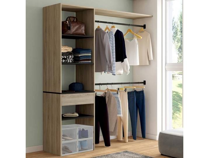 IDMARKET Kit dressing MELINE 160 x 40 x 180 cm hêtre avec étagères noires + tiroir + double penderie