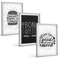BILDER SET 3er Set - 40x60 cm Silberner Rahmen - Grafiken, Lebensmittel, kulinarische Slogans