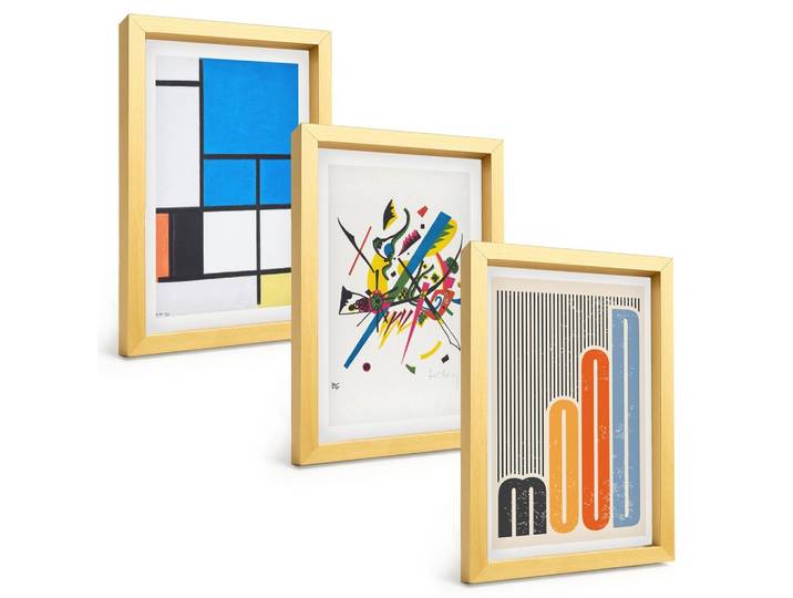 BILDER SET 3er Set - 20x30 cm Goldrahmen - Abstrakte moderne Geometrie
