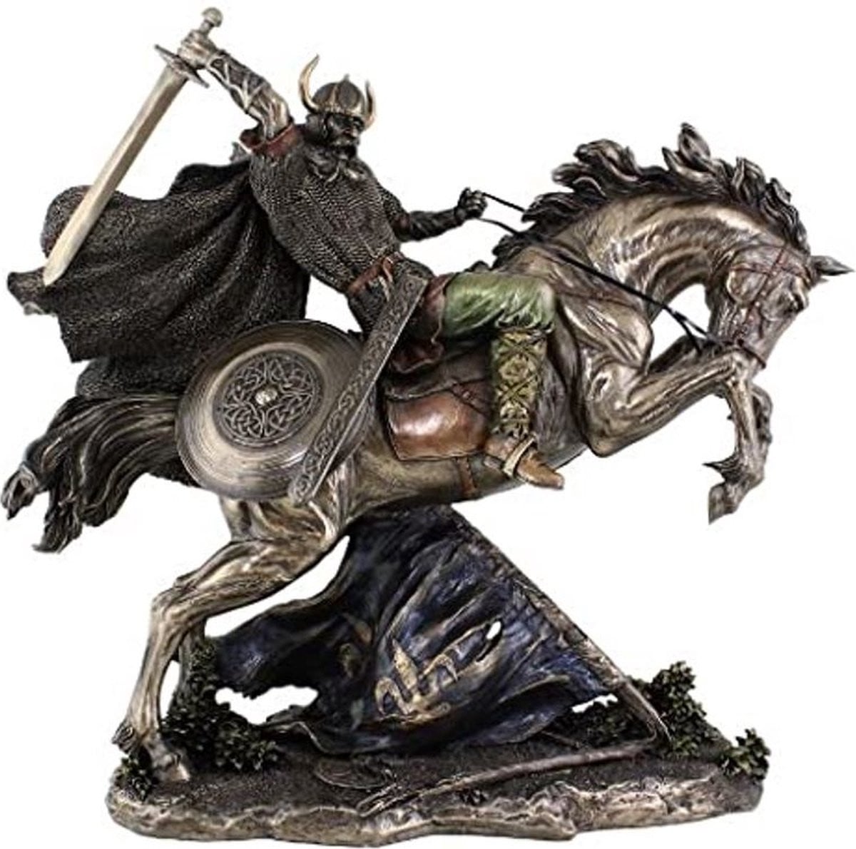 Veronese Design Viking met zwaard op steigerend paard gebronsd tafelbeeld