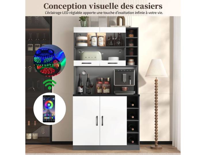 Buffet bas 100x47x187 cm Buffet 4 portes Buffet de cuisine Éclairage LED Panneaux de particules Meuble de rangement