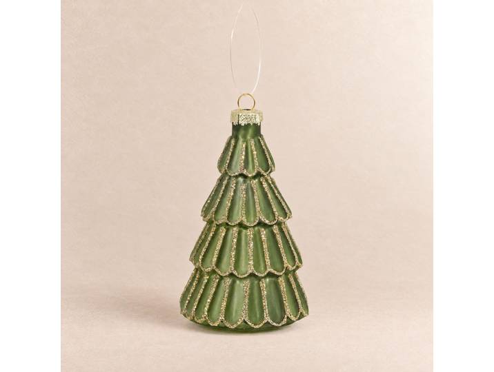 Weihnachtsschmuck in Form eines Tannenbaums, aus grünem und goldglitzerndem Glas