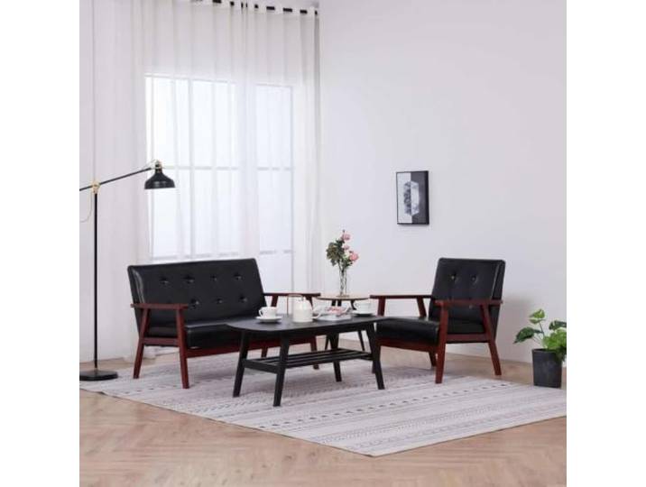 HEFZGDB Skandinavisches Sofa Set 2-TLG. Schwarz Kunstleder Sessel und 2-Sitzer Polstergarnitur Massivholz Rahmen Bequem Langlebig Entspannen Wohnzimmer