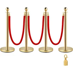 VEVOR Edelstahl Absperrpfosten Seil Abgrenzungsständer Kugelkopf 3 Rote Samtseile Goldene Säule 4 Packung Crowd Control Barriers Gold