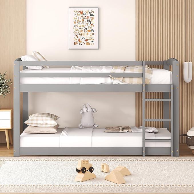 Stabiles Etagenbett aus massiver Kiefer - Platzsparend und sicher für Kinder, 90x200cm, Grau