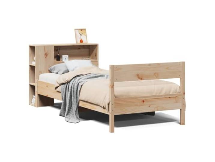 PUGYNBK Bett aus Kiefernholz, 75 x 190 cm, mit Ablage Lattenrost inklusive, ohne Matratze, Aufbewahrung im Kopfteil, platzsparend