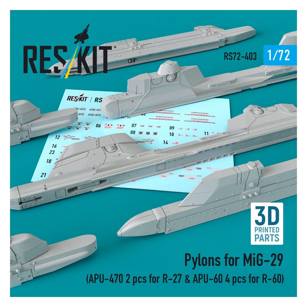 ResKit Pylons for MiG-29 (APU-470 2 pcs for R-27 & APU-60 4 pcs for R-60) (3D Printed) (RS72-0403)