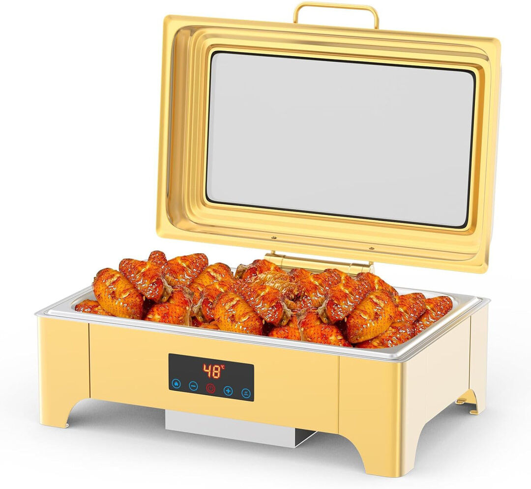 Ivy Bronx Chafing Dishes with Touchscreen & Visual Cover for Buffet, 9 QT Chafing Dish Buffet Set, Stainless Steel Chafers and Buffet Warmers Set for Parties wi Gold 25cm H