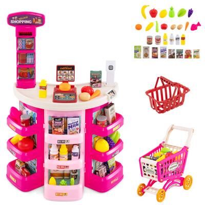 Costway Supermarket Playset for Kids 76 PCS Pretend Play Grocery Store Set with Shopping Cart-Pink