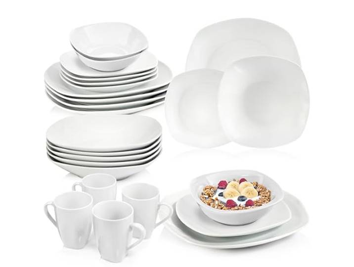 SÄNGER Geschirrservice Bilgola in Weiß, 30-teiliges Geschirrset 6 Personen - Teller, Kaffeebecher & Schalen, Eckiges Design, Teller-Set aus Porzellan, Komplettservice