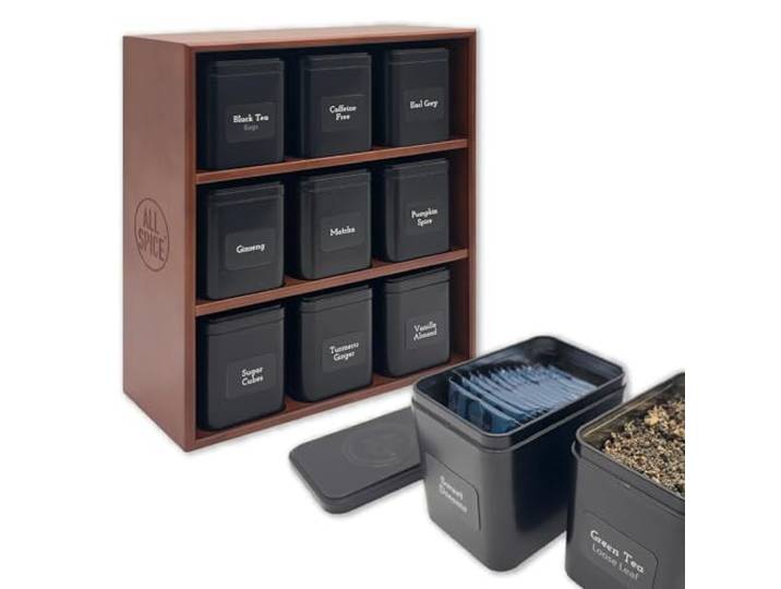 AllSpice Tee-Organizer-Regal mit 9 Dosen und 160 magnetischen Etiketten – perfekt für die Organisation von Tee in Beuteln und losen Blättern – Walnuss