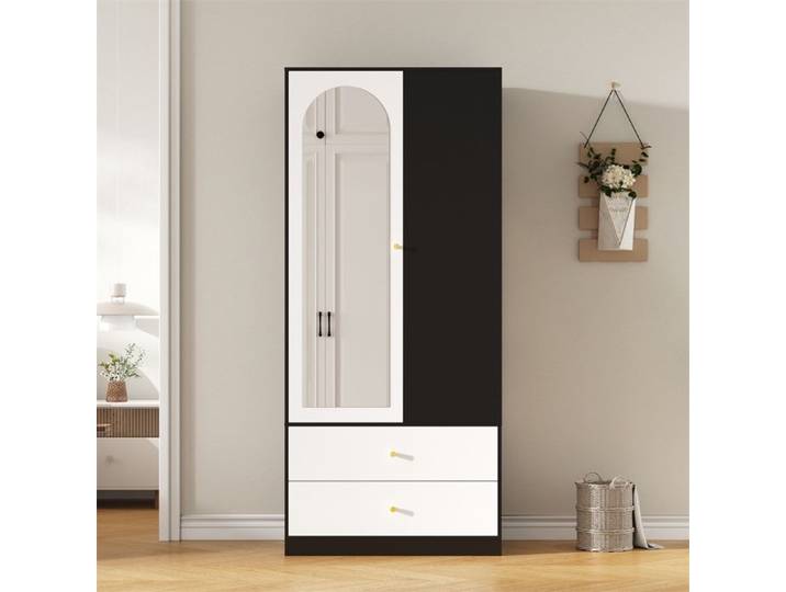 Armoire Penderie 1 Porte Miroir Blanc et Noir - 2 Tiroirs 4 Étagères & Tringle - Armoire de Chambre Style Moderne Chic