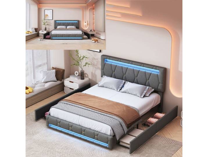Lit 160x200 cm - LED - tissu en Lin - cadre de lit adulte - lit adulte 160x200 cm - 160x200 cm - Gris