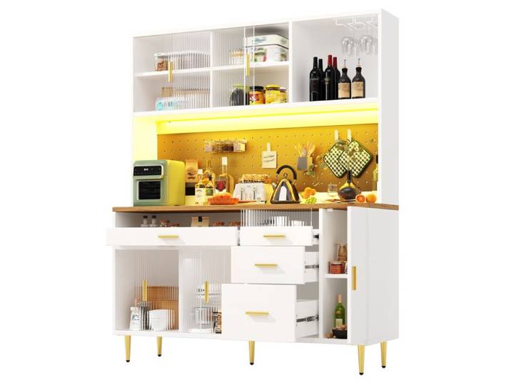 ULEVR buffet haut de cuisine vitré 145 x 39 x 171 cm - avec LED et rangements réglables portes coulissantes blanc