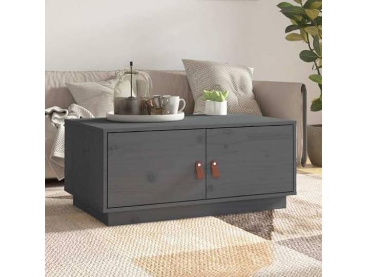 HEFZGDB Couchtisch Grau 80x50x35 cm Massivholz Kiefer mit Stauraum Fächern, Beistelltisch Wohnzimmertisch Sofatisch aus robustem Naturholz, Montageanleitung enthalten, rustikale Optik