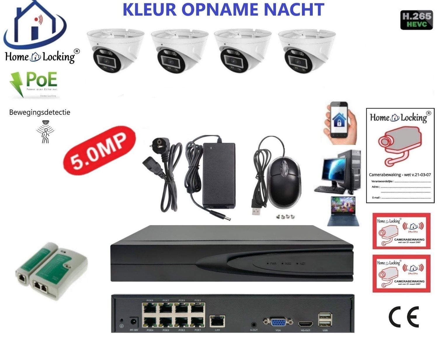 Home-Locking PoE camerasysteem met 8ch 8MP NVR, bewegingsdetectie en 4 dome camera's 5.0MP (1944P) Full Color Night Vision, CS-4-1605KL
