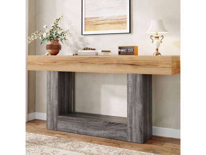 Console d'entrée aspect bois bicolore avec rangement ouvert plateau épais 160 x 30 x 82 5 cm ORVRYN