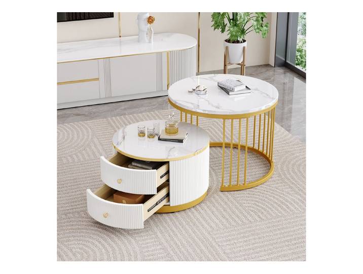 Odikalo Couchtisch Wohnzimmertisch-Set Tische Marmoroptik Schubladen Nesting-Kombination