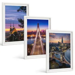 BILDER SET 3er Set - 40x60 cm Weißer Rahmen - Ausblicke auf Brücken und Sonnenuntergänge
