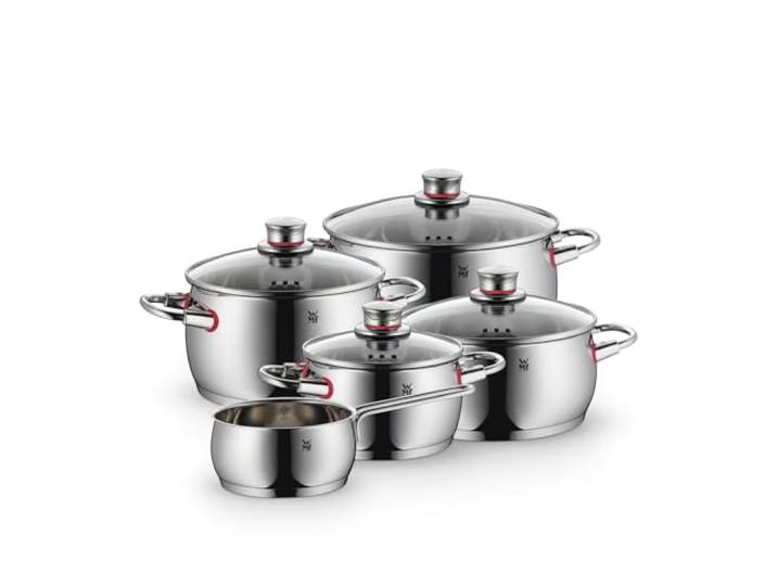 WMF Quality One Topfset Induktion 5-teilig, Kochtopf Set mit Glasdeckel, Cromargan Edelstahl poliert, Induktions Töpfe Set unbeschichtet, Dampföffnung, für alle Herdarten geeignet