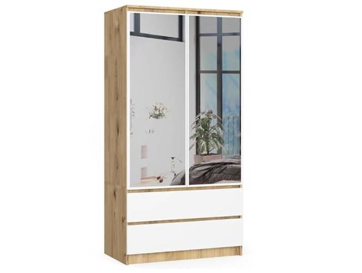 BDW Kleiderschrank 2 Türen 2 Schubladen 2 Spiegel für das Schlafzimmer Wohnzimmer Diele 180x90x51 (Eiche Artisan/Weiß)